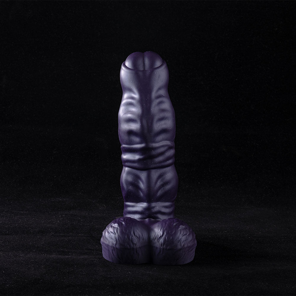 Galactic Twilight fantasy dildo displayed diagonally, showcasing dual knots and nubbed spine against black background.
