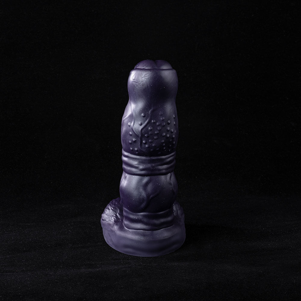 Galactic Twilight fantasy dildo displayed diagonally, showcasing dual knots and nubbed spine against black background.