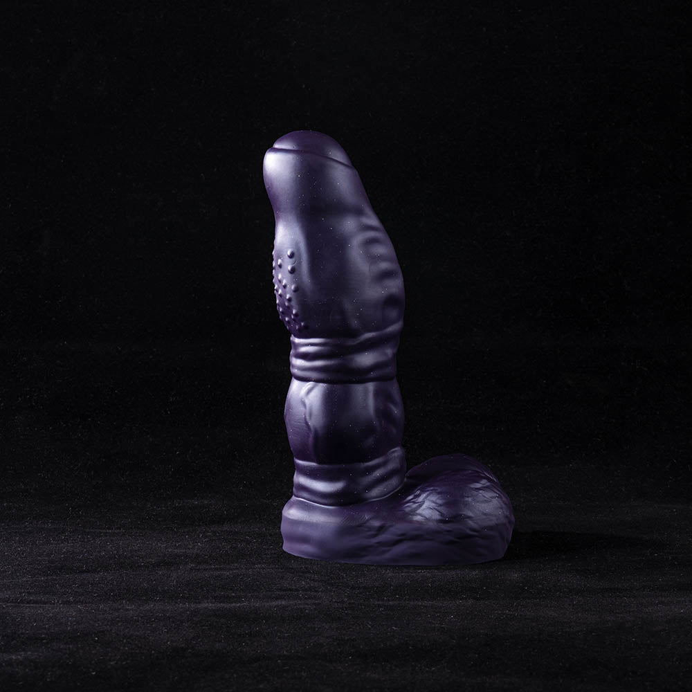 Galactic Twilight fantasy dildo displayed diagonally, showcasing dual knots and nubbed spine against black background.